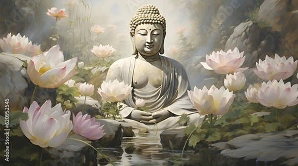 Obraz Buddha Statue beautiful background wallpaper design, Buddism, Buddist Asian, religion, Generative AI