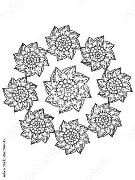 Obraz Simple Mandala Zentangle Coloring Book Page Circle Vector Clipart Floral Flower Oriental Oriental Pattern Illustration Indian Meditation Decorative