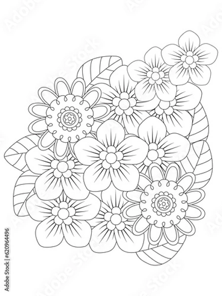 Obraz Outline vector drawing of flowers for adult coloring books. Page of floral pattern in black and white