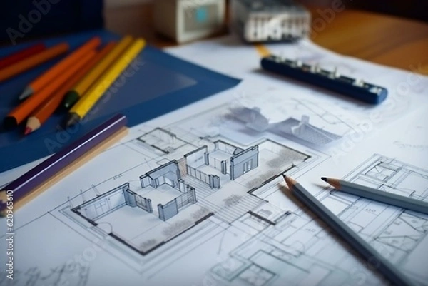 Fototapeta Architect designer Interior creative working hand drawing concept. Generative AI