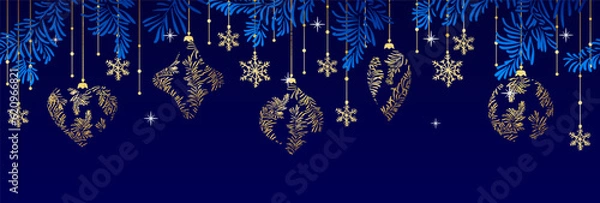 Fototapeta Christmas Poster with pine branches and golden decor on dark blue background. New year illustration. Winter design.
