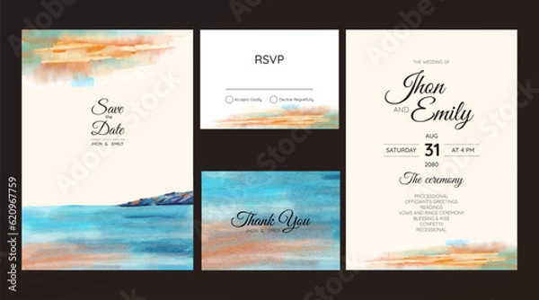 Fototapeta wedding invitation with beach and mountain view watercolor background