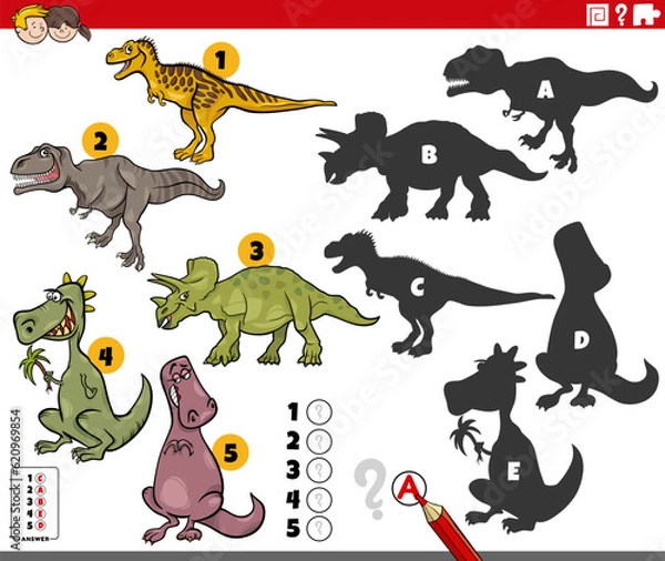 Fototapeta shadows game with comic prehistoric dinosaur characters