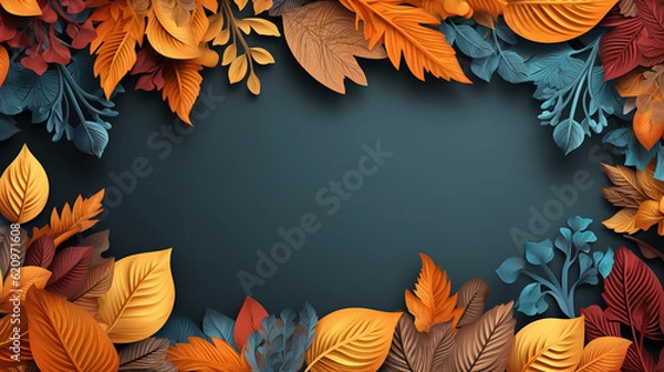 Fototapeta Autumn surface with frame for text and leaves. Generative Ai