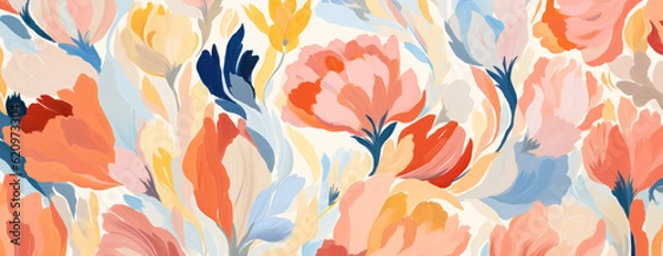 Obraz Bright abstract floral seamless pattern, with orange, beige, and green colors, in the style of large brushstrokes/loose brushwork, light pink.