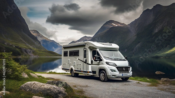 Fototapeta Camper parked at a Lake, mountains in background, Scandinavian