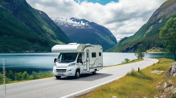 Fototapeta Camper RV riding on road at Lake, mountains in background