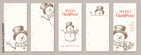 Obraz Christmas background with snowman and snowflakes. New year illustration. Christmas template for social media.