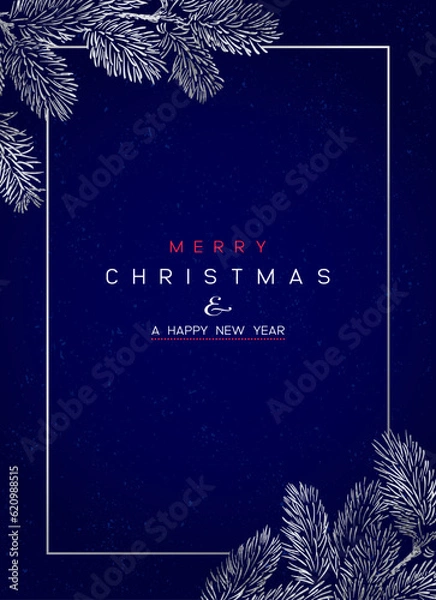 Obraz Vector vertical card of Christmas Background with branches of christmas tree and silver elements.