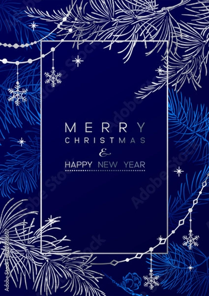 Obraz Vector vertical card of Christmas Background with branches of christmas tree and silver elements.