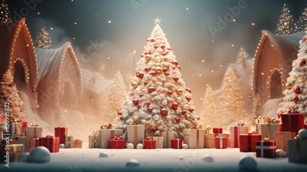 Fototapeta A white and red Christmas tree in the snow.