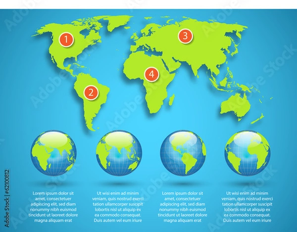 Fototapeta World map with globe infographic template