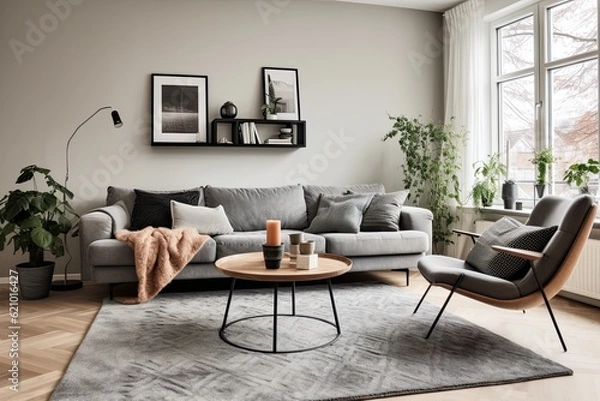 Fototapeta A living room with a couch, chair, coffee table and a window. Generative AI.
