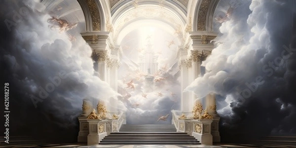 Obraz AI Generated. AI Generative. Baroque heaven inner space gate. Religion architecture temple entrance god sun meet fantasy gothic vibe. Graphic Art