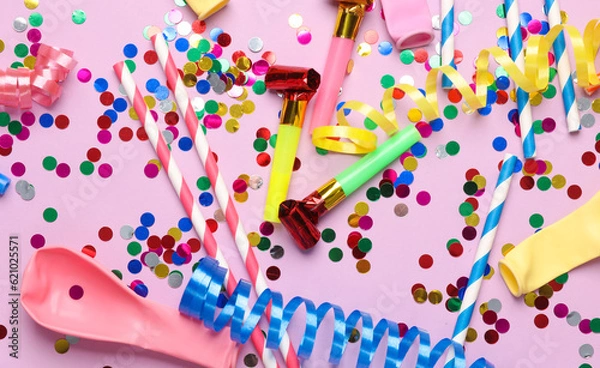 Fototapeta Birthday, holiday background with party accessories. Flat lay, top view composition