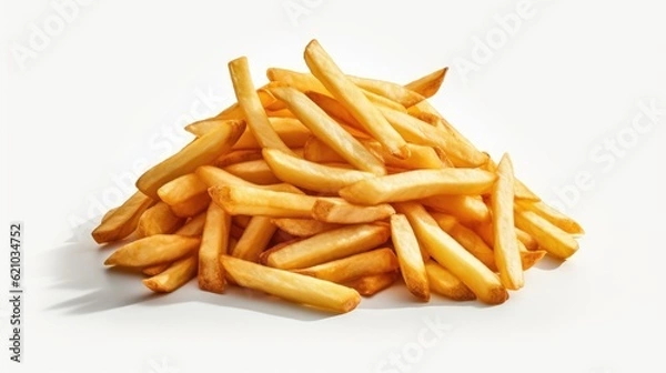 Fototapeta Uncooked fries in a mound on a white backdrop. portions of uncooked fries. fried potatoes served uncooked