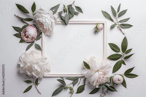 Fototapeta White frame on white background with peonies, flowers and leaves with copy space in the middle, generative AI