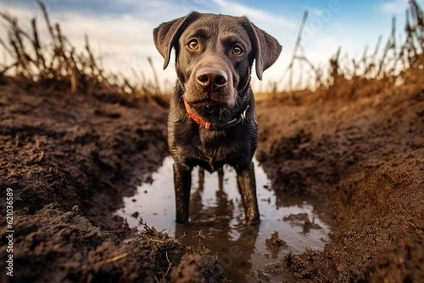 Fototapeta Portrait of happy dirty chocalate labrador dog on the walking.