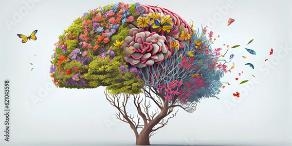Obraz Conceptual image of a flowering human brain, on an isolated background. Generative AI