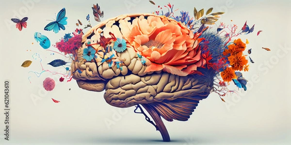 Fototapeta Image of the human brain framed by flowers. Generative AI