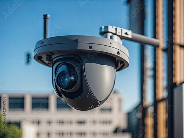 Fototapeta Security camera on modern building. ai generative
