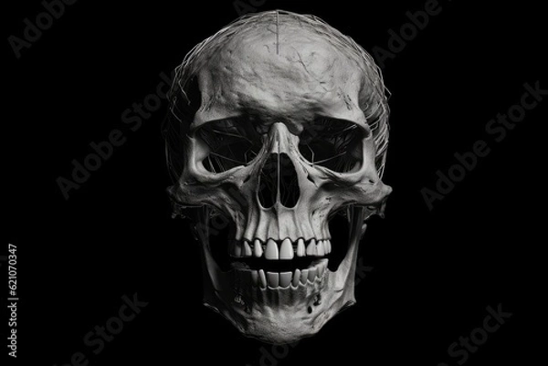 Fototapeta Front view of a human skull on a silent, black backdrop. made using generative AI tools