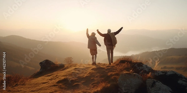 Obraz Elderly man and woman joyfully jump on the top of the mountain at sunrise or sunset, view from the back. Generative AI