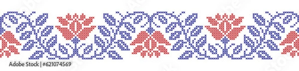 Fototapeta Embroidered cross-stitch seamless border pattern with flowers