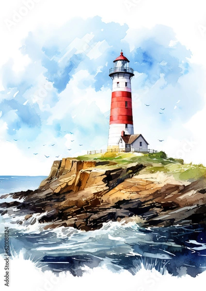 Fototapeta Old lighthouse on the shore of the sea, lighthouse on the coast. Digital watercolor paintings sea landscape, fine art , generative ai 