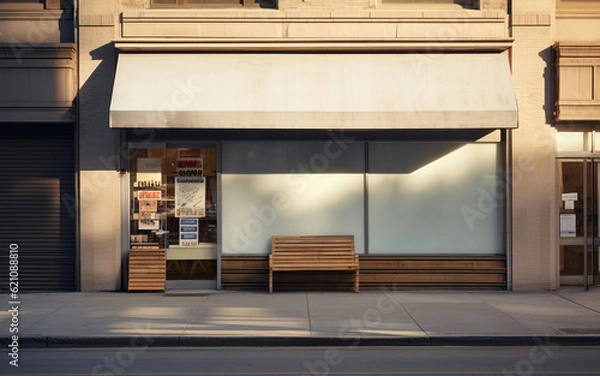 Fototapeta General store on a city street with a white sign, Photo mockup for a store, banner and decoration, blank sign, template, Generative AI