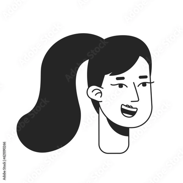 Fototapeta Cheerful caucasian girl monochrome flat linear character head. Teenager with ponytail hairstyle. Editable outline hand drawn human face icon. 2D cartoon spot vector avatar illustration for animation