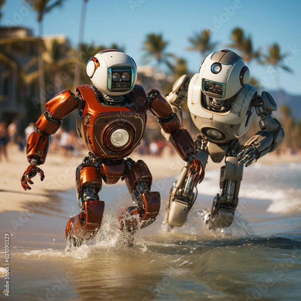 Fototapeta two robots play with each other at the sea have fun