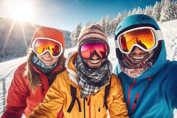 Fototapeta Portrait of group of friends with skis and snowboards on winter holidays. Generative ai image
