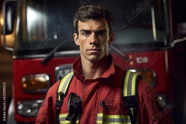 Fototapeta Portrait of a male firefighter on the background of a fire engine.