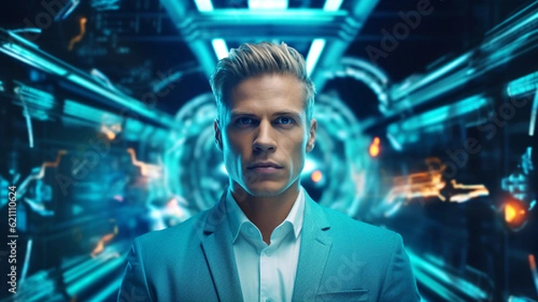 Obraz adult male 30s, wearing suit and shirt, bleached hair, chic hairstyle, in a tunnel or machine, neon glowing and lights, fictional event