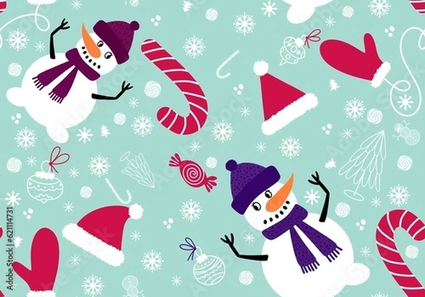Fototapeta Cartoon snowman seamless Christmas pattern for new year accessories and wrapping paper and kids clothes print