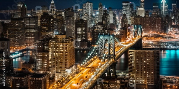 Fototapeta New York panoramic  view from hotel window at night city street ,building  windows blurred light 