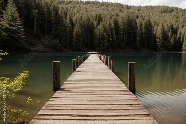 Obraz A dilapidated wooden pier leading out into a still lake