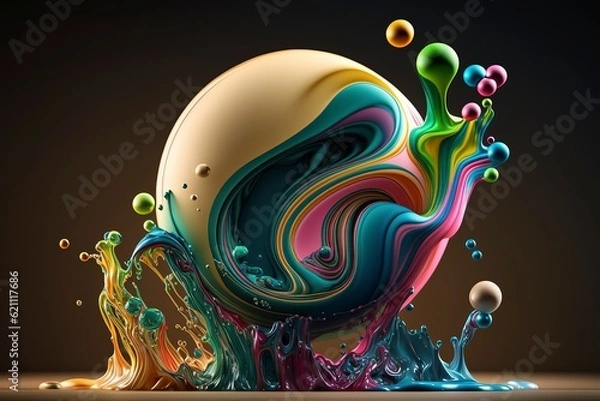 Fototapeta Vibrant 3D painting: Surrealistic, flowing textures meet colorful explosions and flowing fabrics in light orange and beige hues. Rendered in Cinema4D, stunning fusion of cyan and bronze. Generated AI