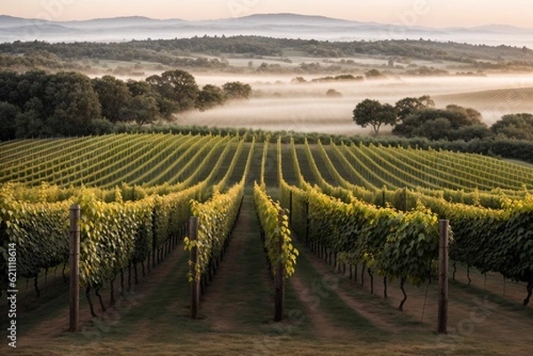 Obraz A vineyard at dawn rows vanishing in mist