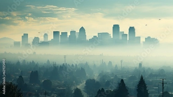 Fototapeta A city skyline obscured by smog, smoke and pollution. Generative AI. 