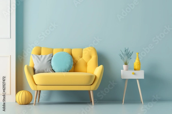 Fototapeta yellow sofa, light blue room. Minimalism. pastel hues. Generative AI