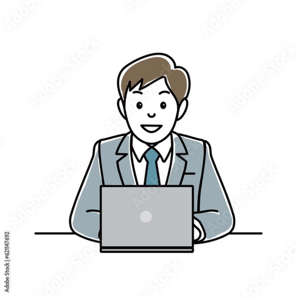 Fototapeta 笑顔でパソコンを操作するスーツ男性