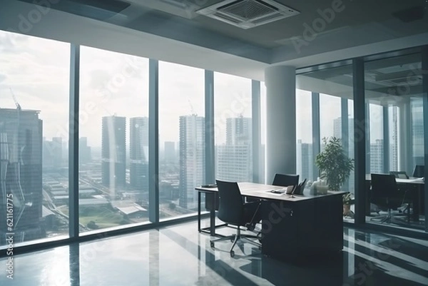 Fototapeta Daytime office space with row of working office table and work station unit modern interior office design,Generative AI