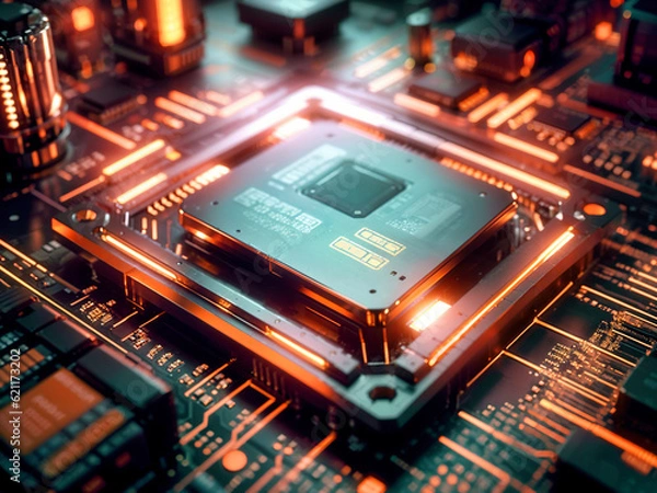 Fototapeta Close-up view of a modern GPU card with circuit and connections 3D rendering