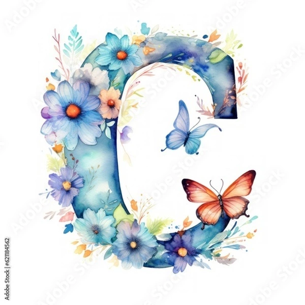 Fototapeta Capital Alphabet Letter C. Colorful Digital Drawing Watercolor. Generative AI illustration.