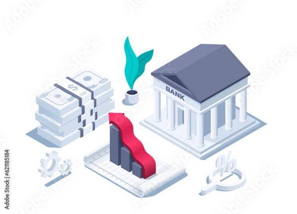 Fototapeta isometric vector illustration isolated on white background, bank icon next to stack of dollars and growing chart, lupas with percentages and gears, banking or financial investment