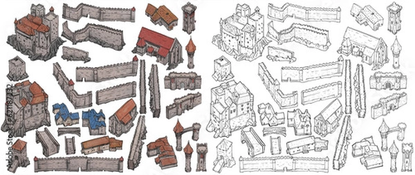 Obraz The fantasy city constructor with houses, walls, towers, castles and gates is made in a chaotic style without a clear structure, which makes the constructor more man-made. 2d art white background.