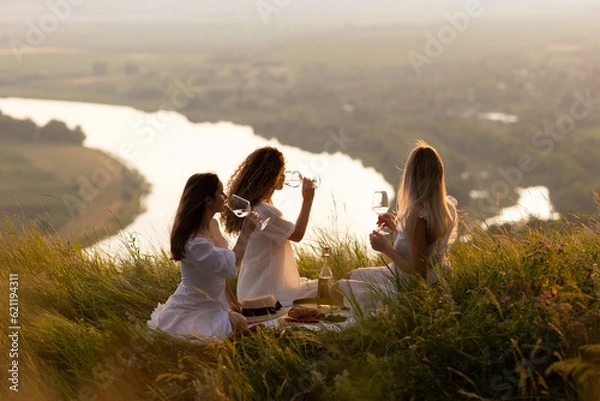 Fototapeta Girlfriends having picnic on the mountain at sunset. Group of young women sitting on grass on summer evening. Girlfriends drinking wine on outdoor party.	