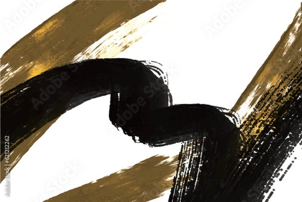 Obraz ゴールドの筆の装飾と動き、飛沫を表現した黒ベースの和風ゴージャス背景素材